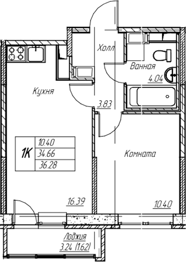 1-комнатная квартира 36.28 м², 18/22 эт., ЖК «Парк-квартал Юнтолово»